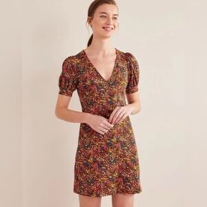 Boden Floral Jersey Mini Dress 100% Cotton Keyhole Puff Sleeve Size 10